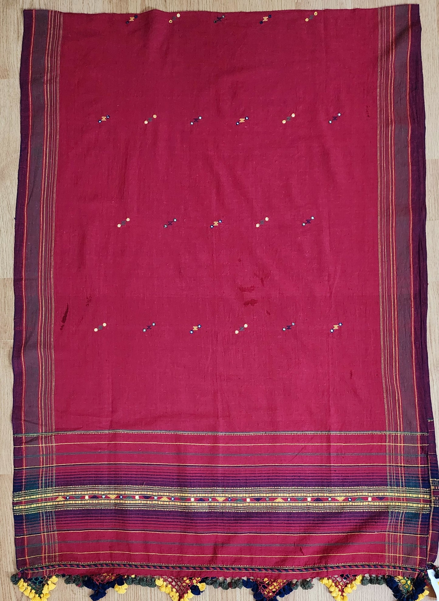 Maroon Handwoven Bhujodi Dupatta with Tassels