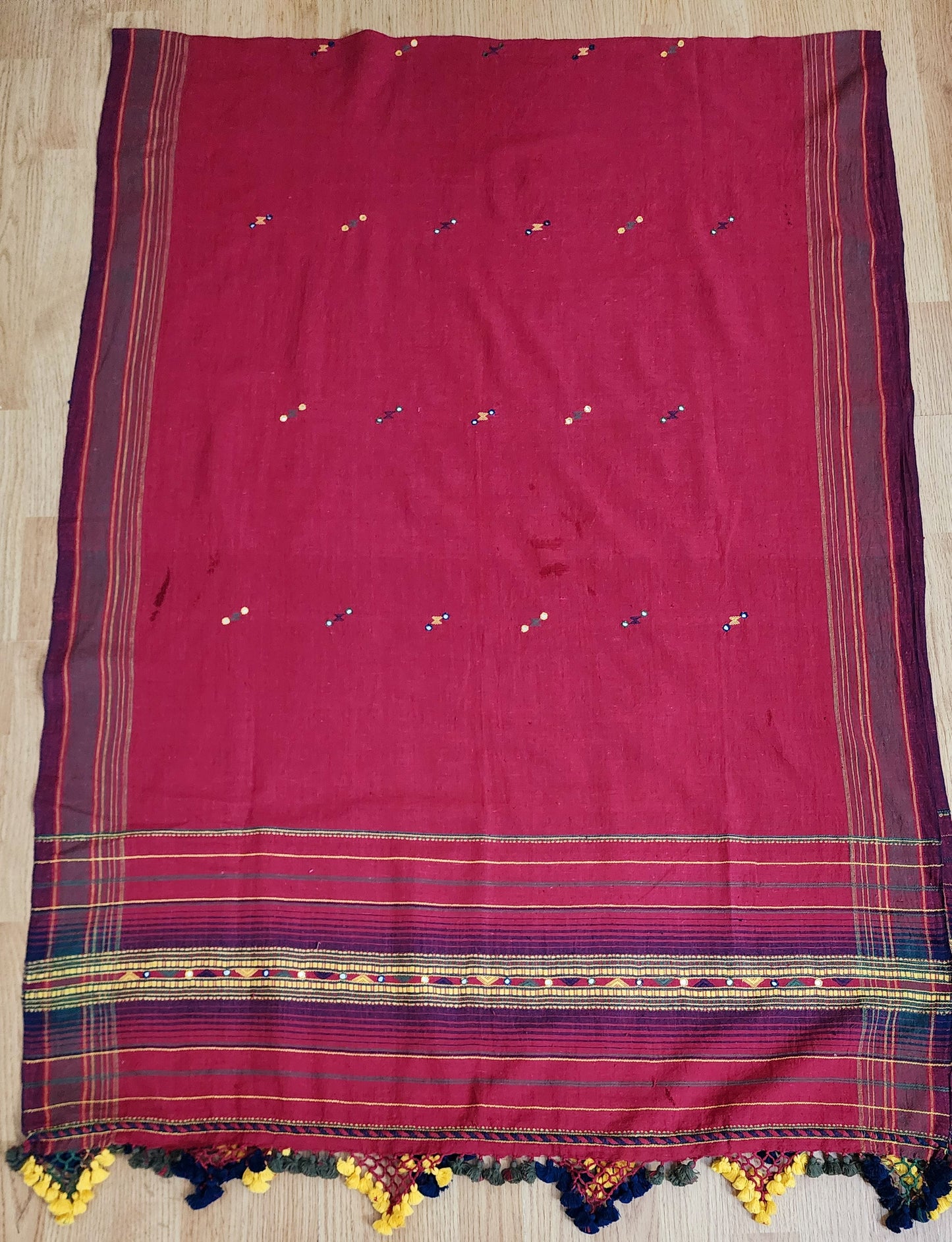 Maroon Handwoven Bhujodi Dupatta with Tassels