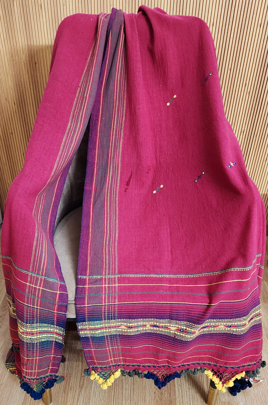 Maroon Handwoven Bhujodi Dupatta with Tassels