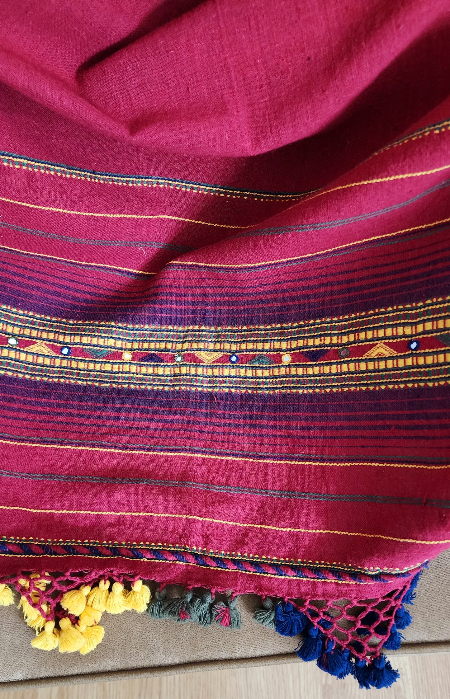 Maroon Handwoven Bhujodi Dupatta with Tassels