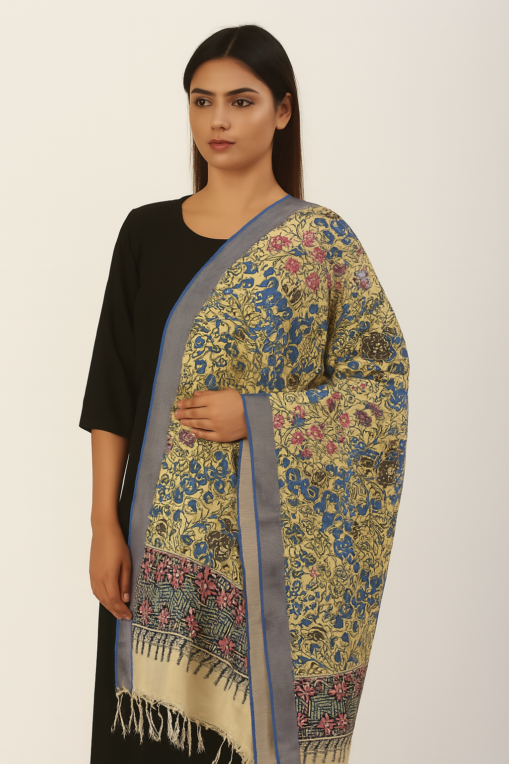 Yellow & Blue Handpainted Kalamkari Dupatta