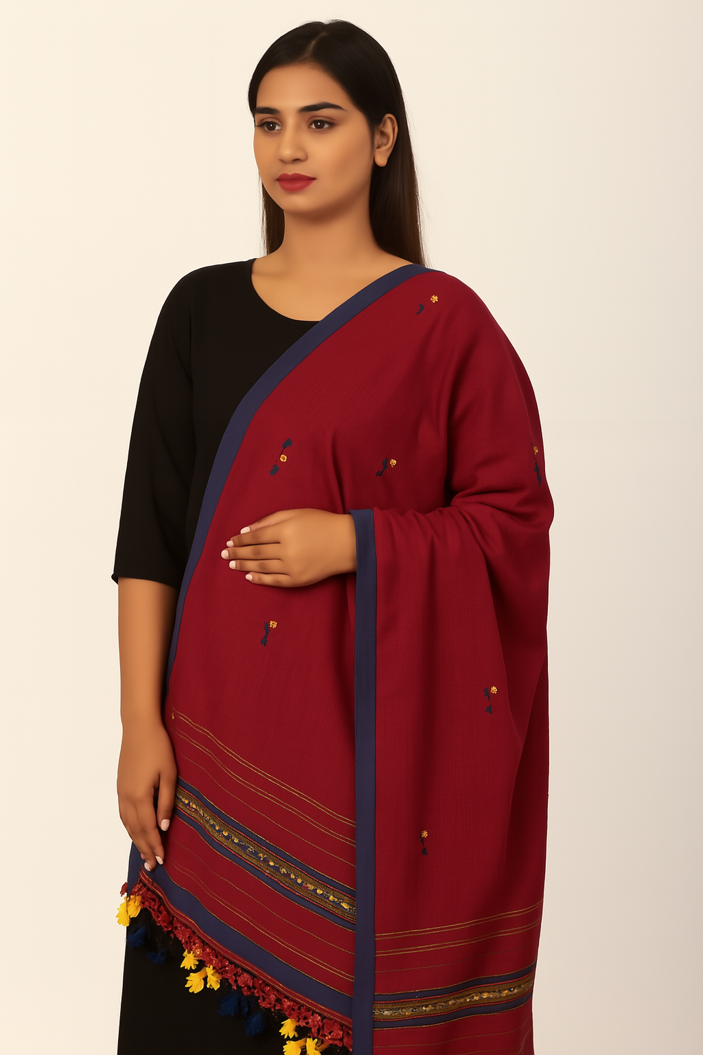 Maroon Handwoven Bhujodi Dupatta with Tassels