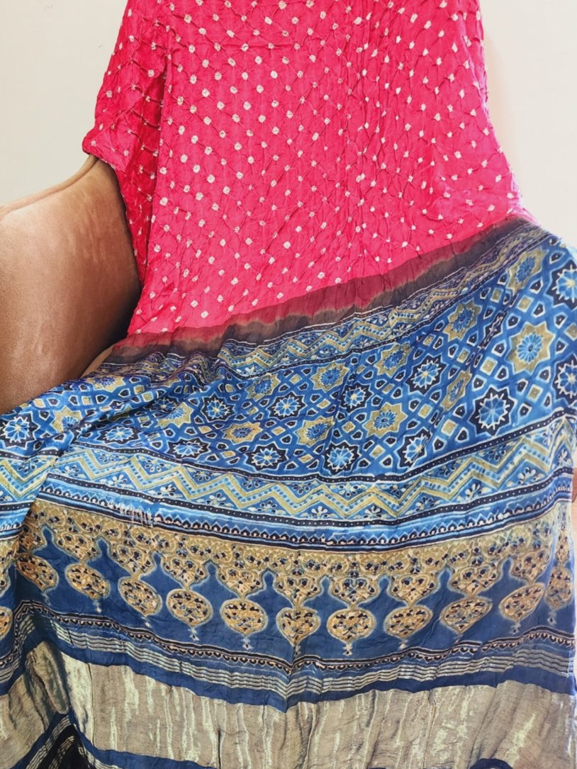 Pink & Blue Dual Shade Fusion Bandhani & Ajrak Dupatta in Modal Silk