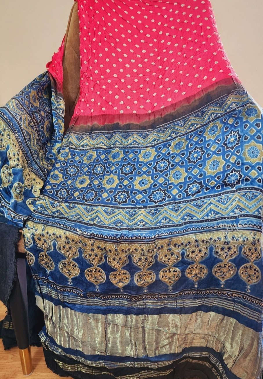 Pink & Blue Dual Shade Fusion Bandhani & Ajrak Dupatta in Modal Silk
