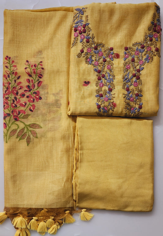 Mustard Yellow Jamdani Kurta Set  With Hand Embroidered Kurta