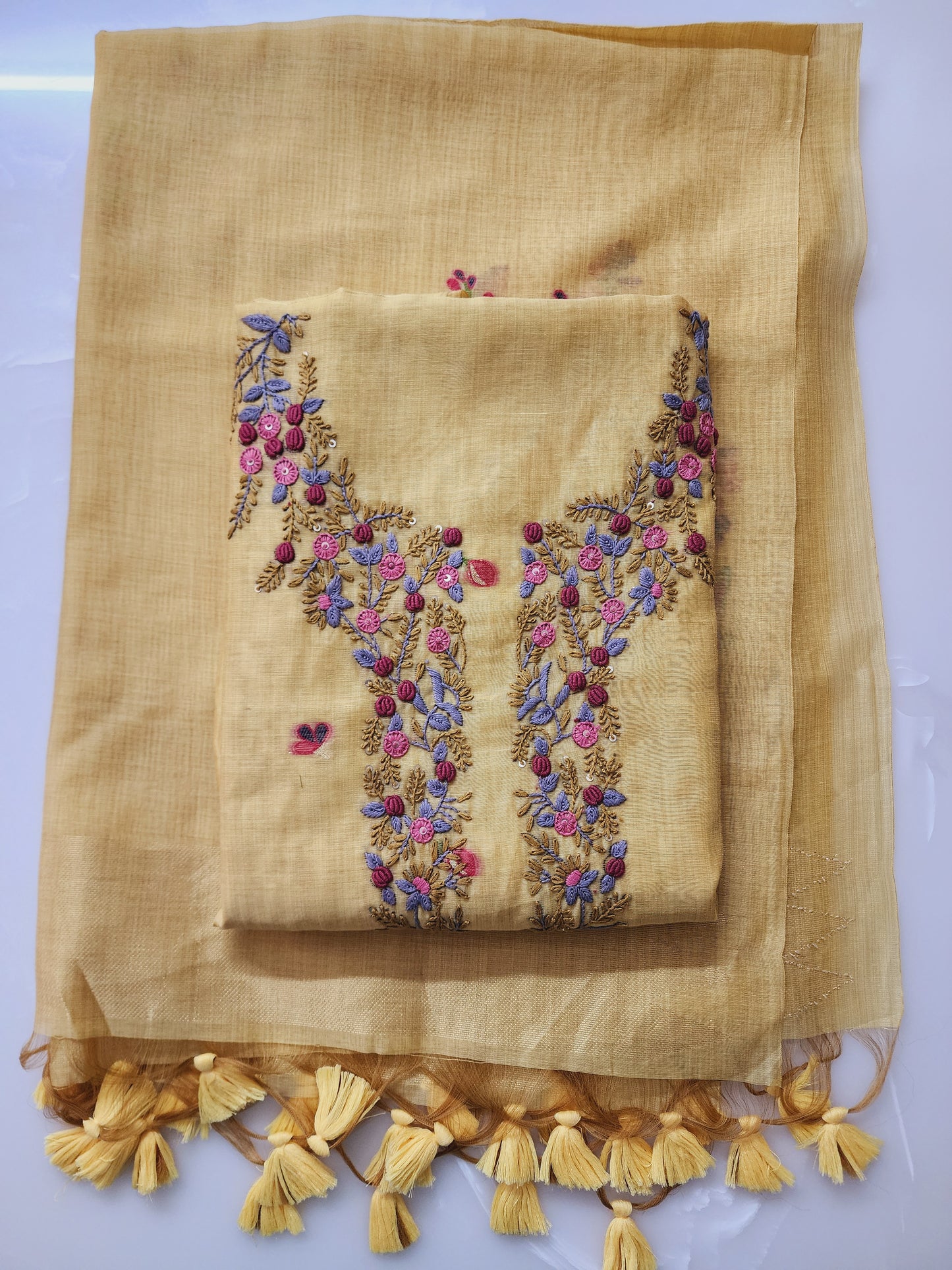 Mustard Yellow Jamdani Kurta Set  With Hand Embroidered Kurta