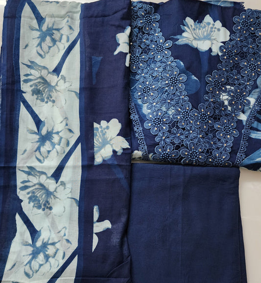 Indigo Blue Floral Print Cotton Kurta With Lace Work, Mul Cotton Dupatta & Cotton Bottom