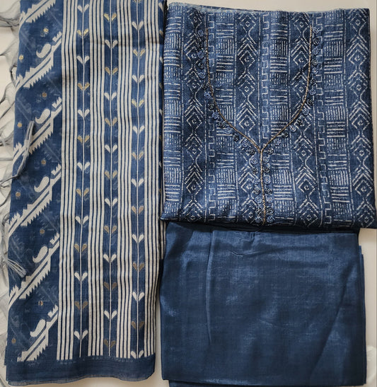 Indigo Blue Printed Kurta Set In Cotton Linen With Neckline Embroidery, Jamdani Dupatta & Shantoon Bottom