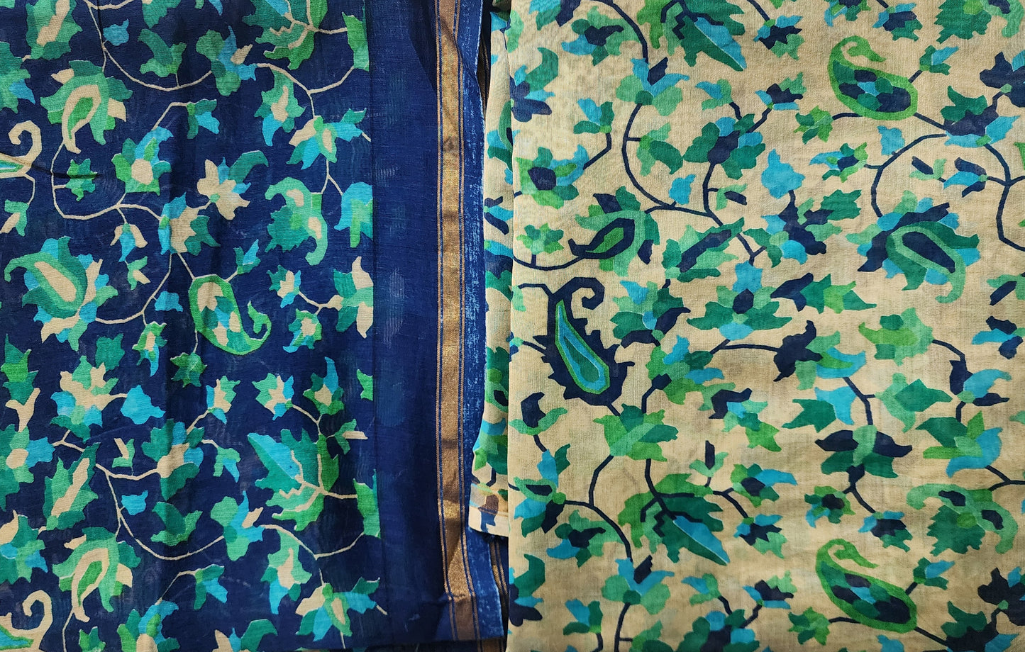 Beige & Blue Kani Maheshwari Kurta Set With Dupatta & Shantoon Bottom