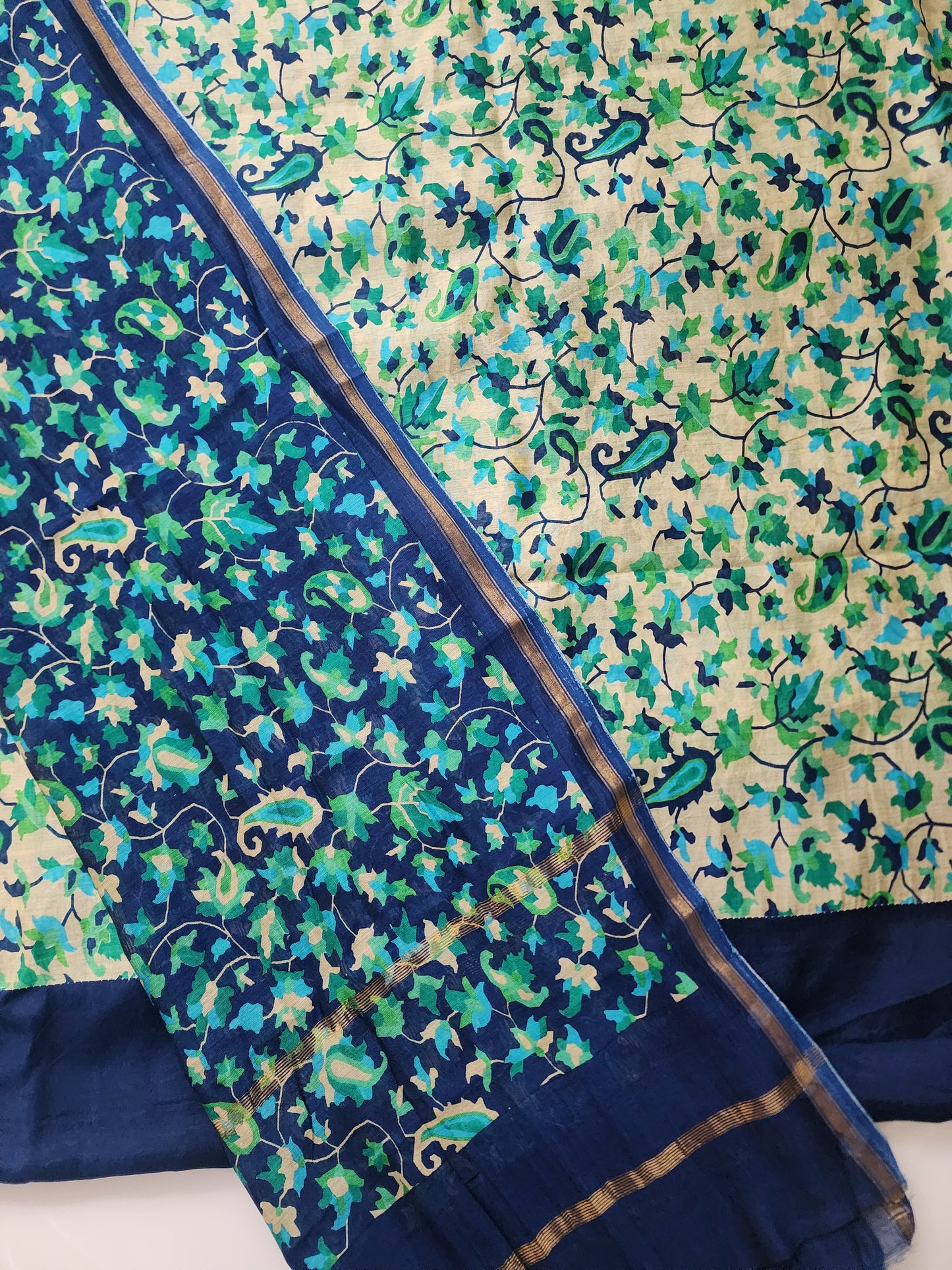 Beige & Blue Kani Maheshwari Kurta Set With Dupatta & Shantoon Bottom