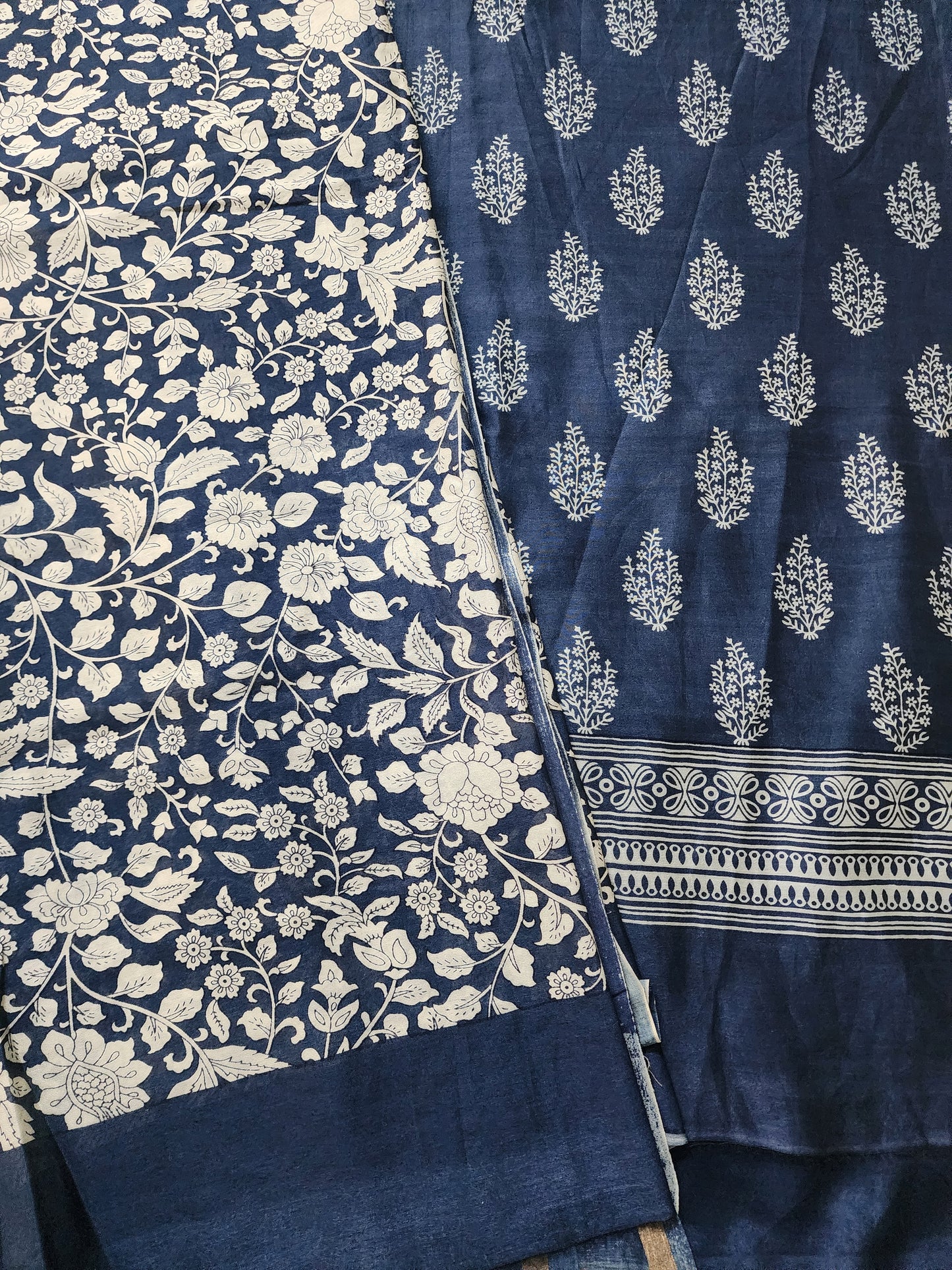 Blue Indigo Maheshwari Kurta Set With Buta Motif, Floral Dupatta & Shantoon Bottom