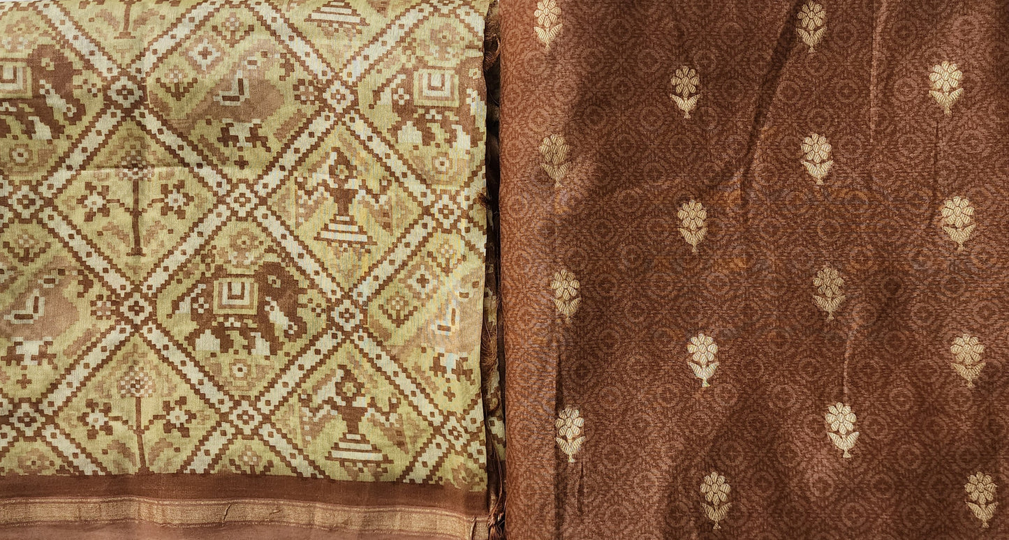 Brown Maheshwari Kurta With Patola Border & Zari Buta, Patola Dupatta & Shantoon Bottom