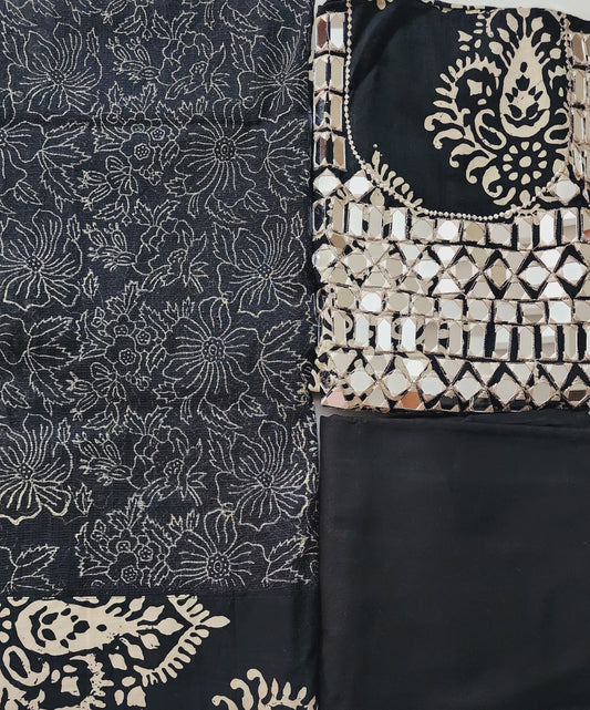 Black Mirror Work Cotton Printed Kurta Set With Kota Dupatta