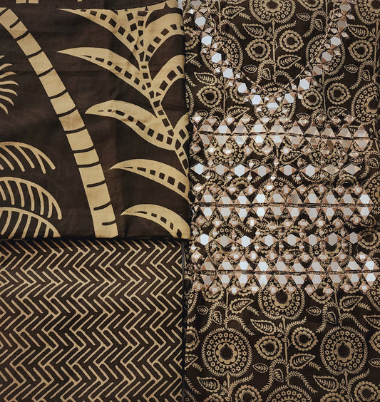 Brown Mirror Work Cotton Printed Kurta Set With Mul Cotton Dupatta & Printed Cotton Bottom