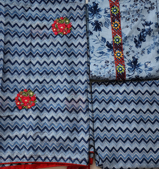 Blue Cotton Embroidered Printed Kurta Set