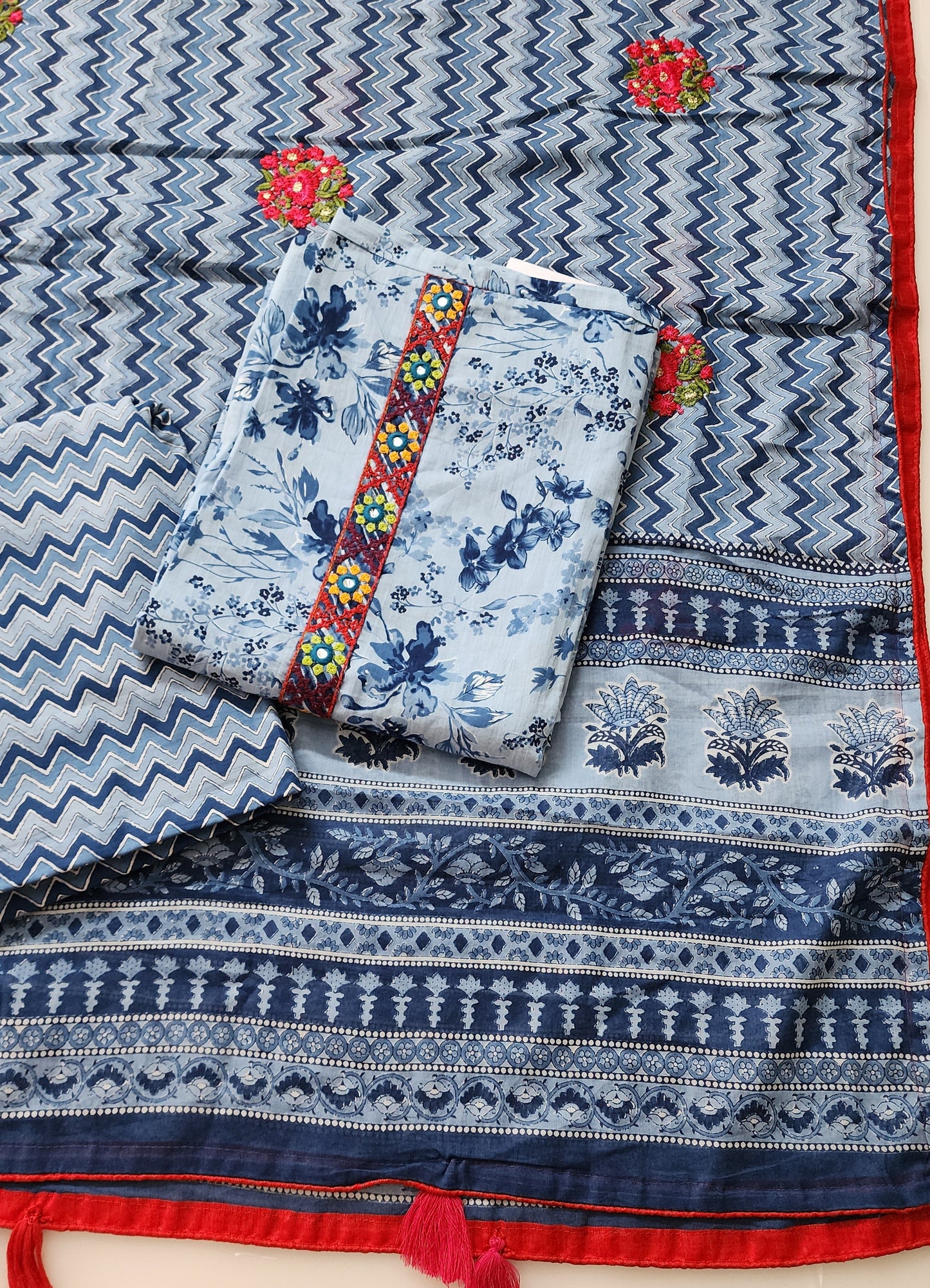 Blue Cotton Embroidered Printed Kurta Set