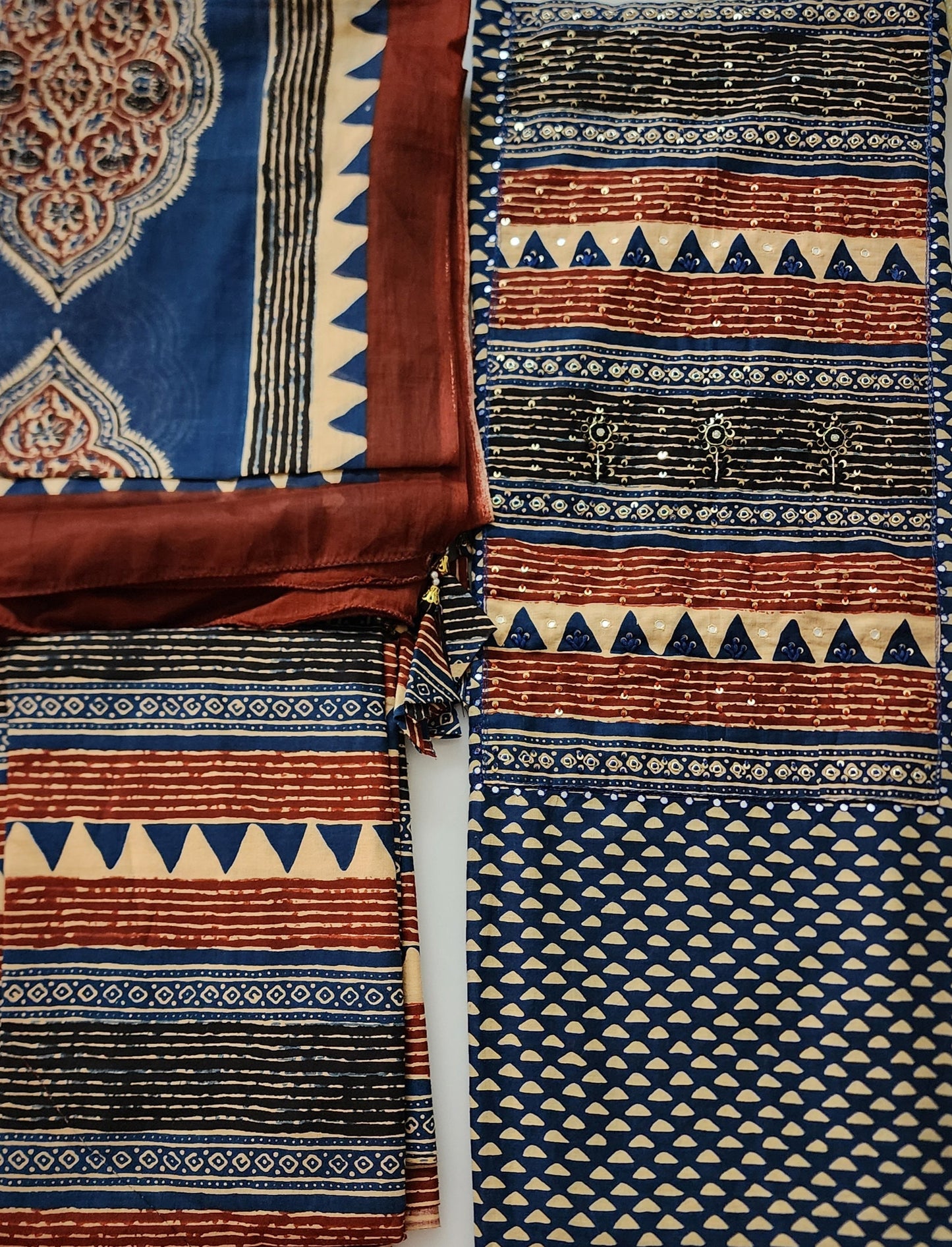 Teal Blue & Rust Handblocked Cotton Embroidered Kurta Set With Mul Cotton Dupatta