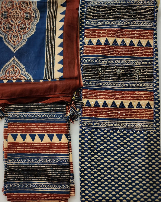 Teal Blue & Rust Handblocked Cotton Embroidered Kurta Set With Mul Cotton Dupatta