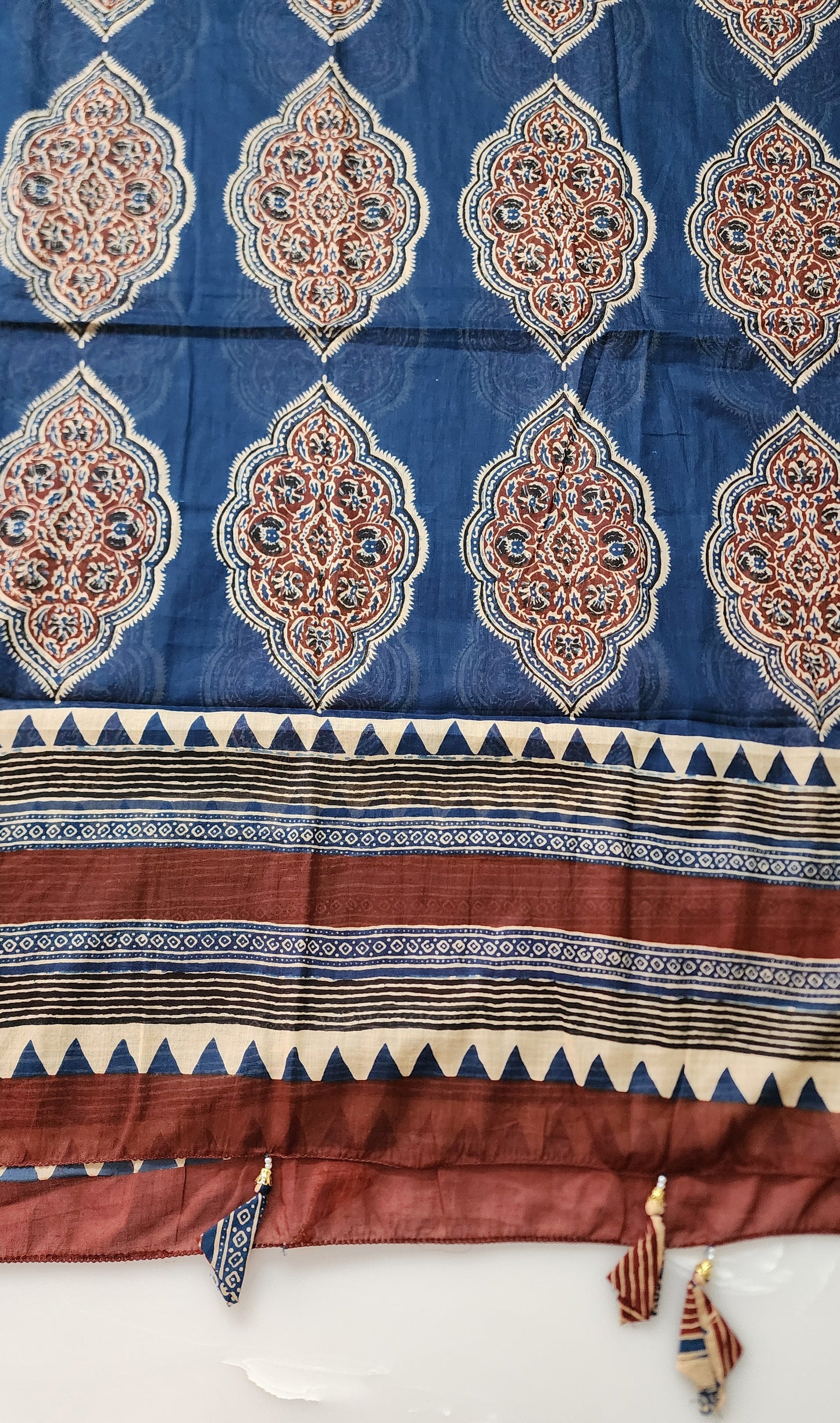 Teal Blue & Rust Handblocked Cotton Embroidered Kurta Set With Mul Cotton Dupatta