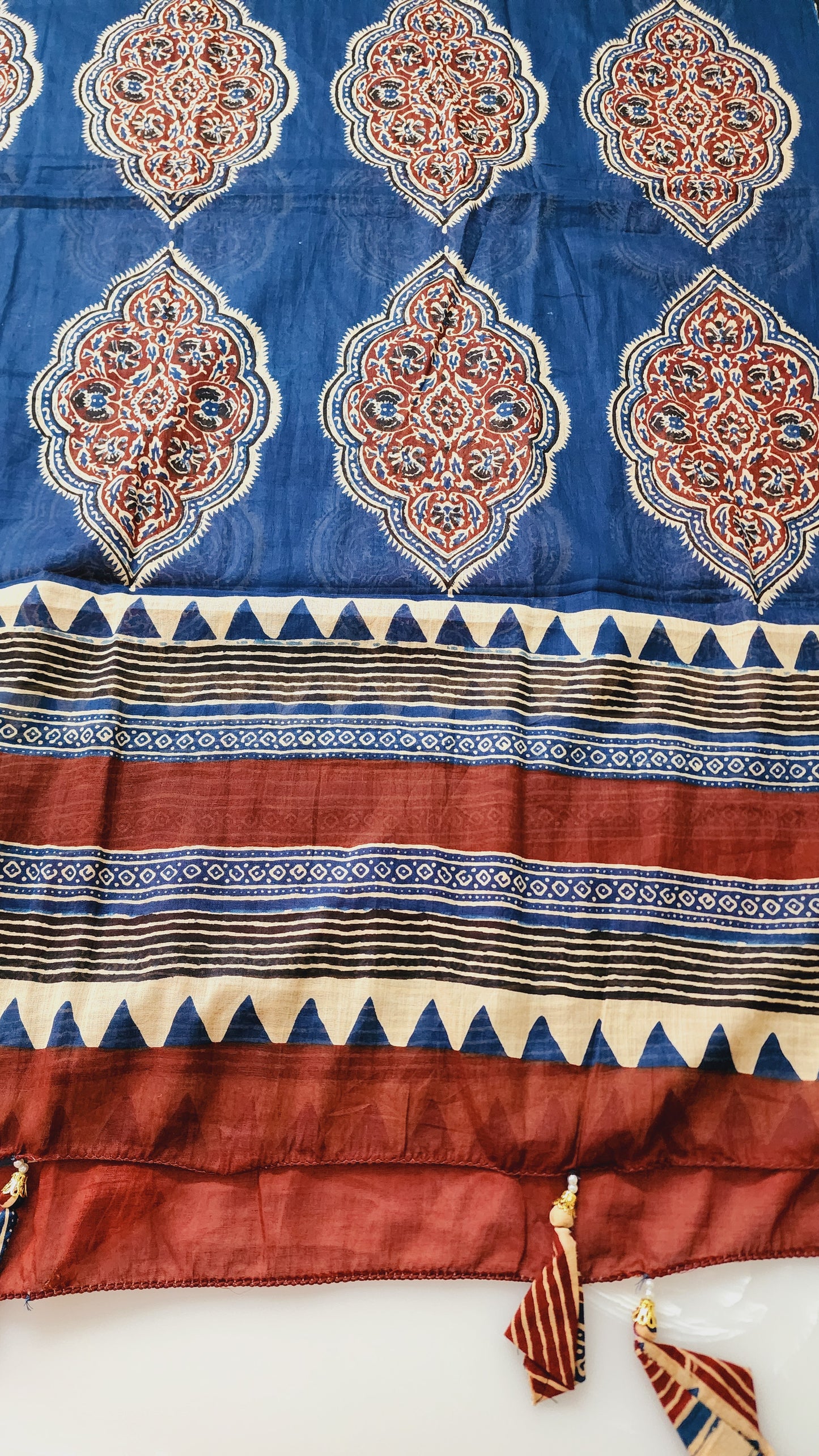 Teal Blue & Rust Handblocked Cotton Embroidered Kurta Set With Mul Cotton Dupatta