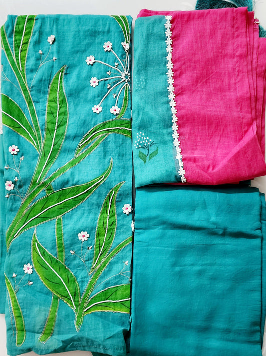 Rama Green & Dark Pink Pure Mul Cotton Kurta Set With Embroidery & Lace Work