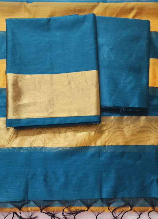 Teal & Mustard Yellow Chanderi Cotton Kurta Set With Golden Zari Border