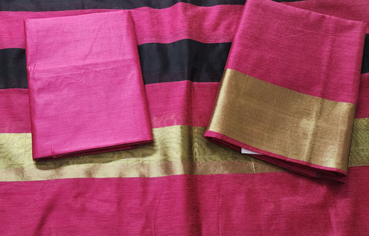 Dark Pink & Black Chanderi Cotton Kurta Set With Golden Zari Border