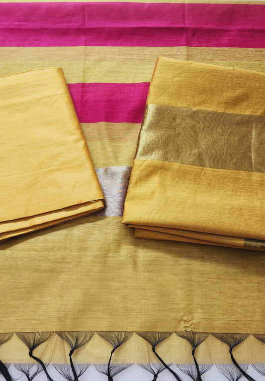 Mustard Yellow & Magenta Chanderi Cotton Kurta Set With Golden Zari Border