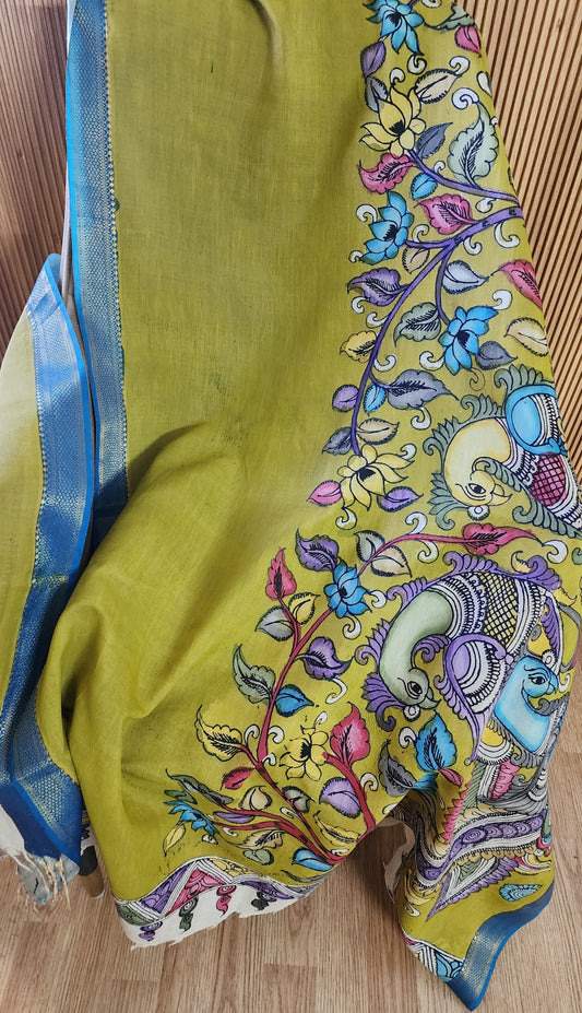 Bright Green Hand-Painted Kalamkari Cotton Dupatta with Multicolor Peacock Motifs & Zari Border