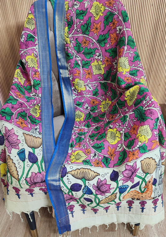 Pink Multi Colored Floral Hand painted Kalamkari Cotton Dupatta With Zari Border