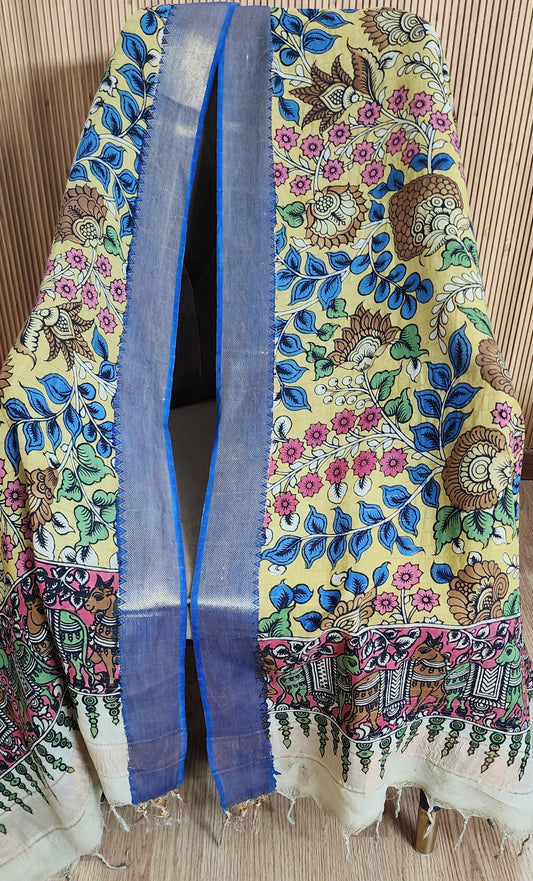 Yellow & Blue Handpainted Kalamkari Dupatta