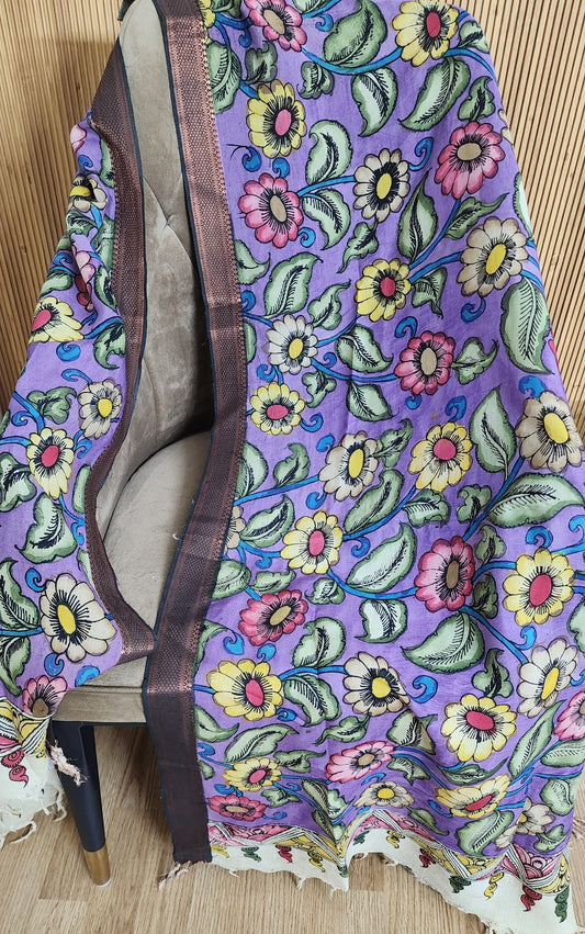 Purple Multi Colored Floral Hand painted Kalamkari Cotton Dupatta With Zari Border